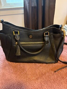 Tory Burch Black Pebbled Leather Satchel with Tassel Zip